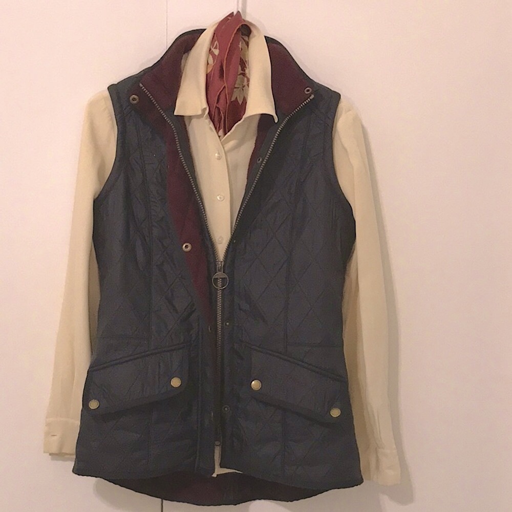 BARBOUR vest, navy with crimson lining.